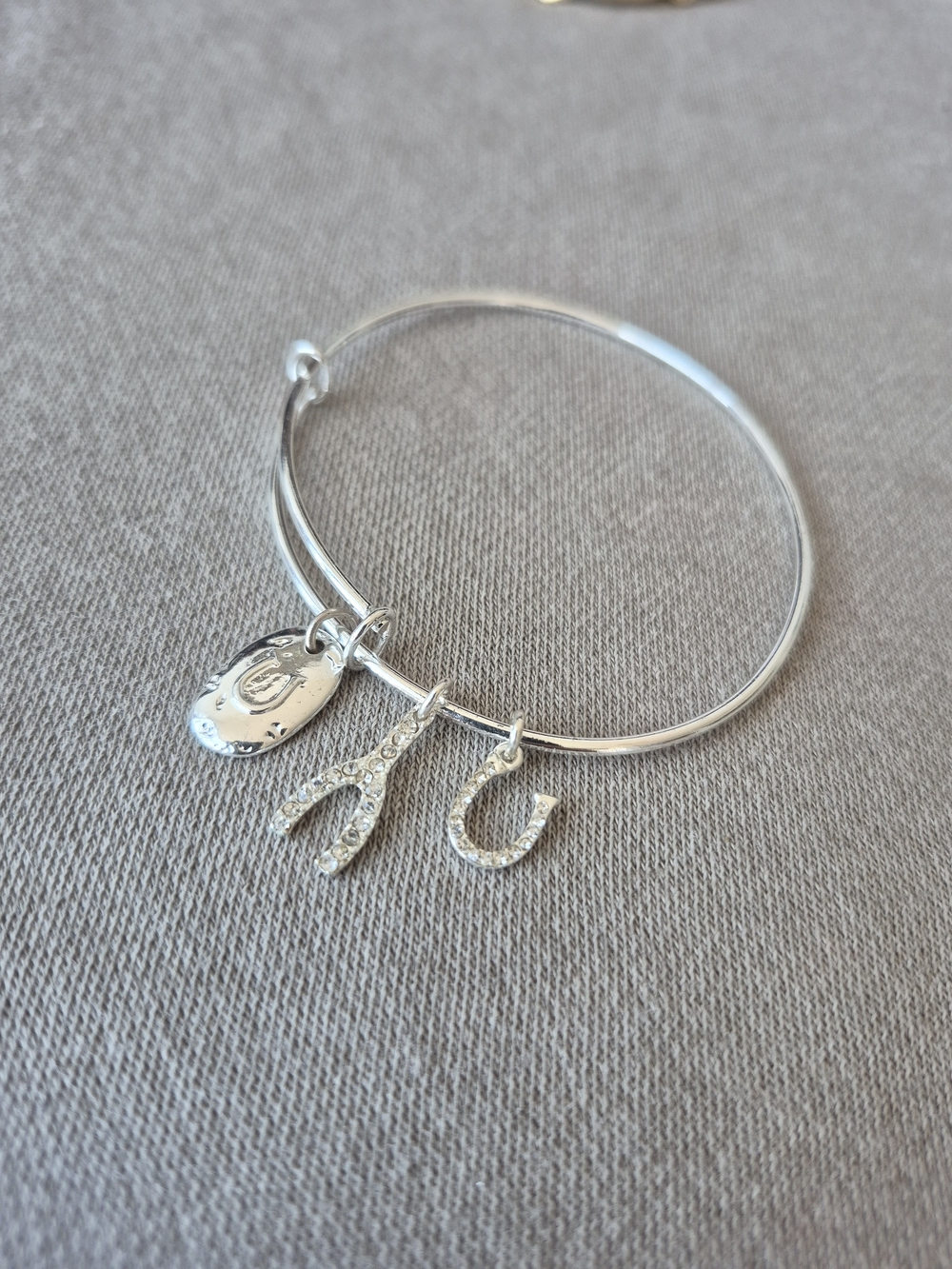 Sterling Silver Charm Bangle Bracelet with Horseshoe and Initial Charms